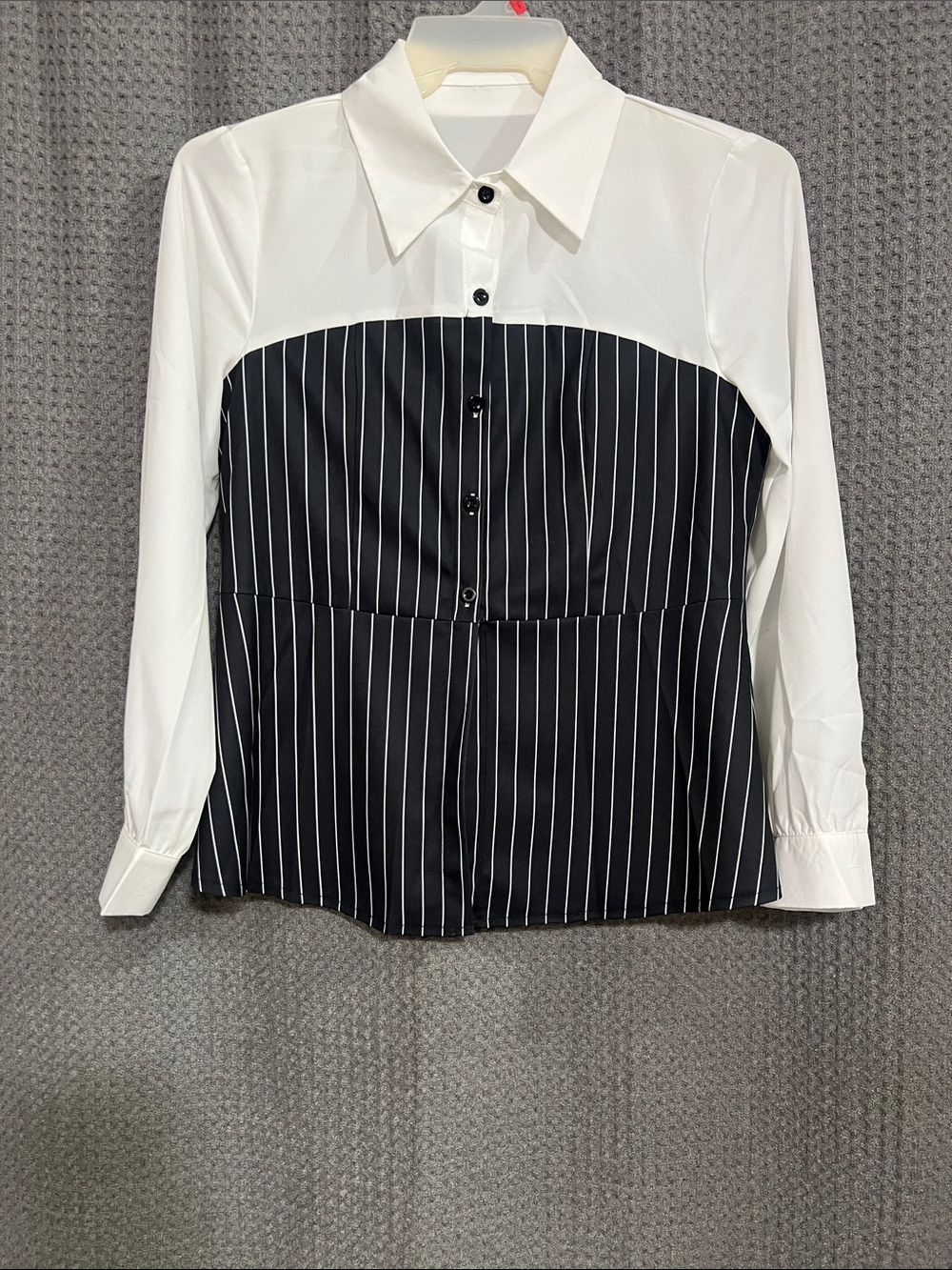 Women's White and Black Pinstripe Two-Tone Button Shirt